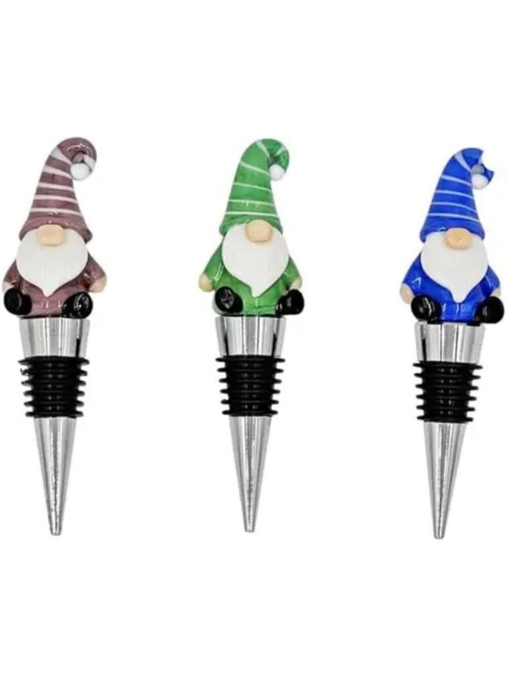 Set of 3 Gnome Wine Bottle Stoppers - Reusable Silicone & Glass, Unique Gifts!